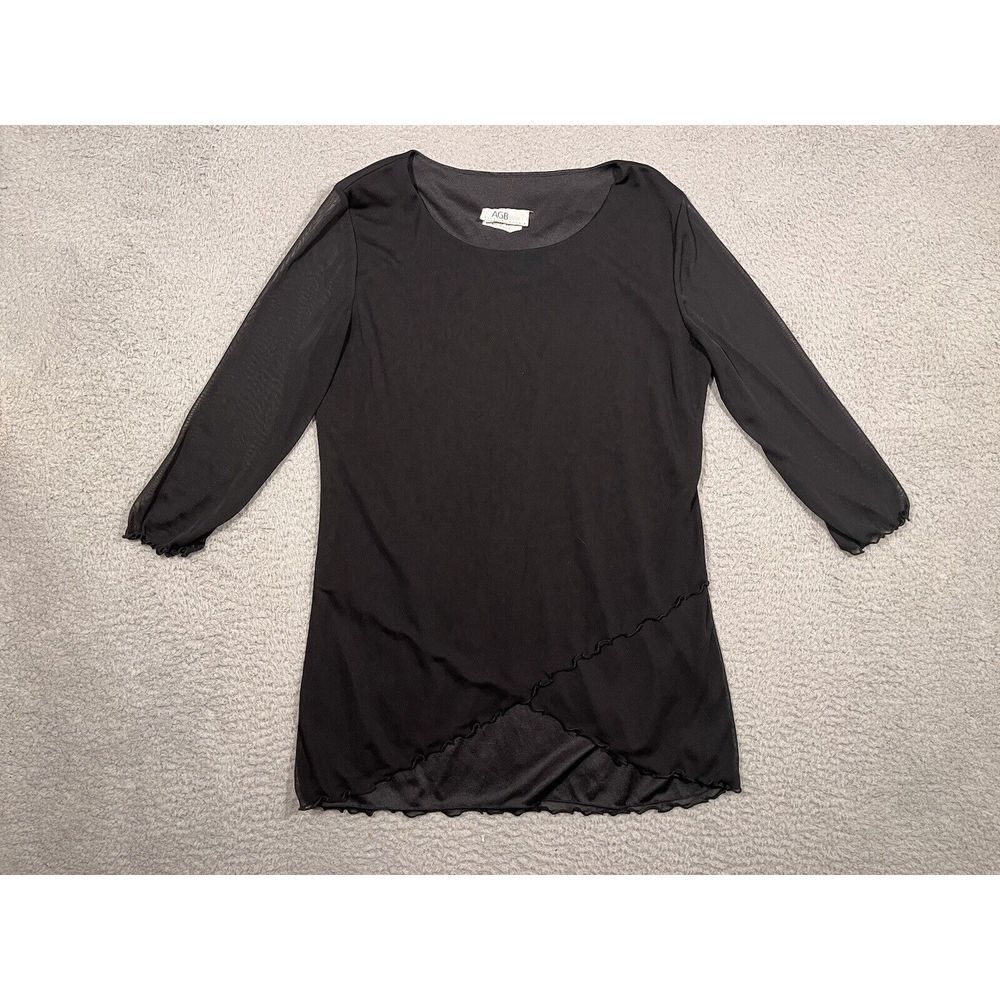 Vint Dress Womens Blouse‎ Tunic Long Sleeve Black Sheer Size 12 Lettuce Trim